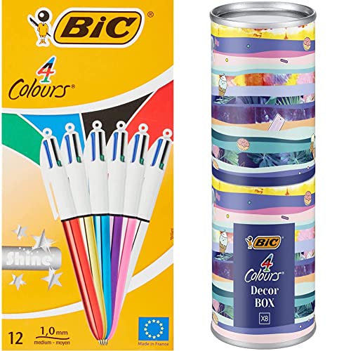 BIC 4 Farben Kugelschreiber Set 4 Colours Shine in verschiedenen Farben, 12er Pack & 4 Colours Stifte Set: 8 Kugelschreiber in verschiedenem Design, Ideal als Geschenk, Message Box von BIC