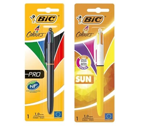 BIC 4 Farben Kugelschreiber Set: 1er Pack 4 Colours Pro und 1er Pack 4 Colours Sun, zum Schreiben in klassischen und leuchtenden Farben von BIC
