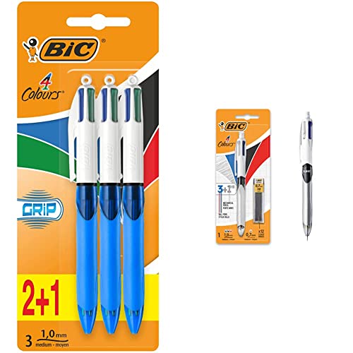 BIC 8899301 4 Colour Grip Kugelschreiber 3 Stück farblich sortiert & 4 Farben Kugelschreiber Set 4 Colours 3+1HB, mit Bleistift, 1er Pack, inkl. 12 Bleistiftminen, Ideal für das Büro, Home, Schule von BIC