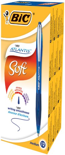 BIC 902132 Kugelschreiber Atlantis Soft, in Blau, Strichstärke 0.32 mm, nachfüllbar, 12er Pack, Ideal für das Büro, das Home Office oder die Schule von BIC