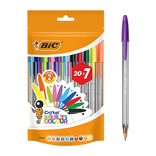 BIC 942050 Cristal Multicolour Kugelschreiber, breite Spitze, 1,6 mm, Beutel mit 20 + 7 Stück, ideal für Zeichnungen und Notizen, 27 Stück (1er Pack) von BIC