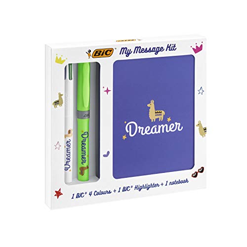 BIC 972091 Schreibwaren Set: 1 4-Farben-Kugelschreiber, 1 Notizbuch und 1 Textmarker in Pink, My Message Kit Dreamer von BIC