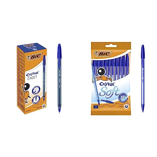 BIC Cristal Exact Kugelschreiber mit dünner Spitze & Kugelschreiber Cristal Soft, weiche Kullis in Blau, Strichstärke 0,45 mm, 10er Pack, Ideal für das Büro, das Home Office oder die Schule von BIC