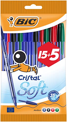 BIC Cristal Soft Kugelschreiber, mittlere Spitze (1,2 mm) – mehrfarbig, Packung mit 15 + 5 Stück von BIC