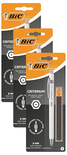 BIC Criterium 2 mm HB-Druckbleistift - schwarzer oder weißer Schaft, 1er Blister + 6 Nachfüllminen HB (Packung mit 3) von BIC