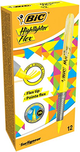 BIC Highlighter Flex, Textmarker mit flexibler Pinselspitze, 12er Pack, in Gelb, mit Austrocknungsschutz von BIC
