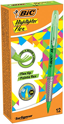 BIC Highlighter Flex, Textmarker mit flexibler Pinselspitze, 12er Pack, in Grün, mit Austrocknungsschutz von BIC