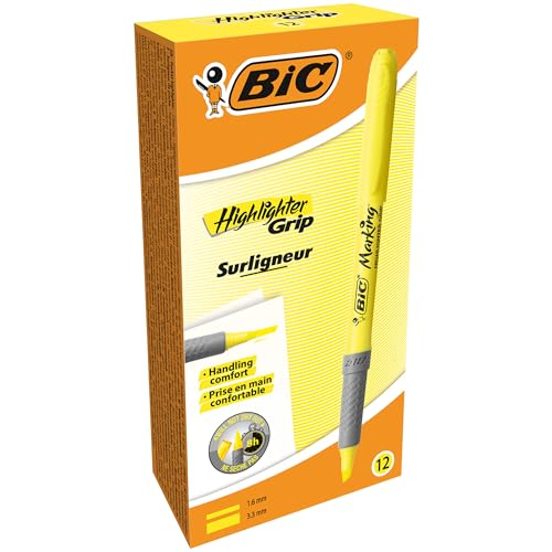 BIC Highlighter Grip, Textmarker in Gelb, mit abgeschrägter Spitze, mit Austrocknungsschutz, 12er Pack von BIC