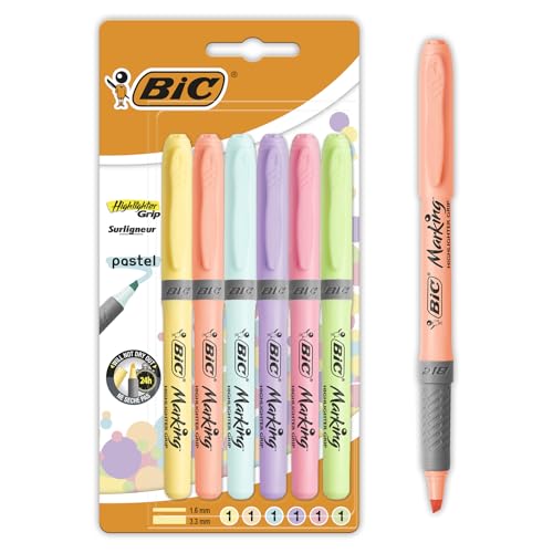 BIC Highlighter Grip Pastellmarker mit abgeschrägter Spitze, mehrfarbig, 1 Stück (6er Pack) von BIC