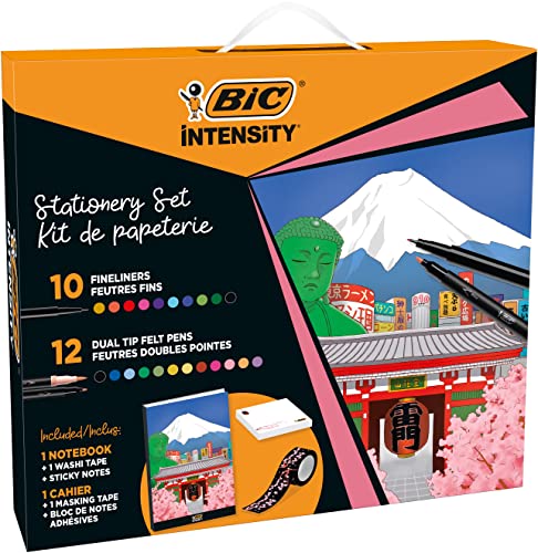BIC Intensity Stifte Set Japan: 10 Fineliner, 12 Dual Tip Brush Pens, 1 Notizbuch und 1 Klebezettel Block, Ideal als Geschenk von BIC