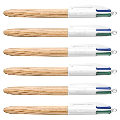BIC Kugelschreiber, 4 Farben, einziehbar, Holz, mittlere Spitze, 6 Stück von BIC