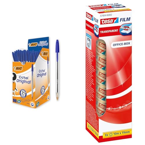 BIC Kugelschreiber Cristal Medium, 50 Kulis in Blau & tesafilm transparent - Transparentes Klebeband mit starker Haftung - alterungsbeständig und reißfest - 10 m x 19 mm - 8er Pack von BIC