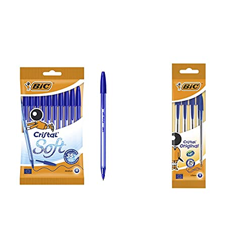 BIC Kugelschreiber Cristal Soft – Extrem weiche Kulis in 10er Packung – Blau & Kugelschreiber Cristal Original (Strichstärke: 0,32 mm und Kugeldurchmesser: 1,0 mm) Beutel à 4 Stück, blau von BIC