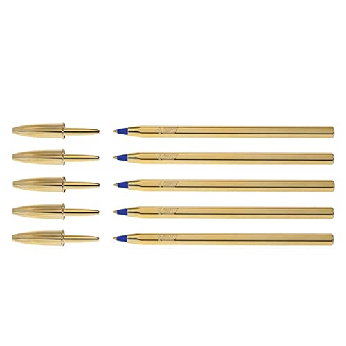 BIC Kugelschreiber Crystal Shine, mittlere Spitze, 1,6 mm, Blau, goldfarben, 5 Stück von BIC
