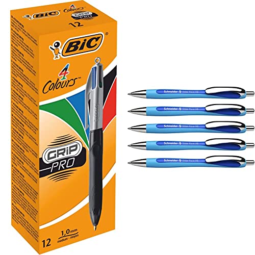 BIC Kugelschreiber Set 4 Colours Grip Pro mit gummierter Griff-Fläche, 12er Pack & Schneider 132503 Slider Rave XB Kugelschreiber (Strichstärke: XB) 5 Stück, Stück, Schreibfarbe: blau von BIC