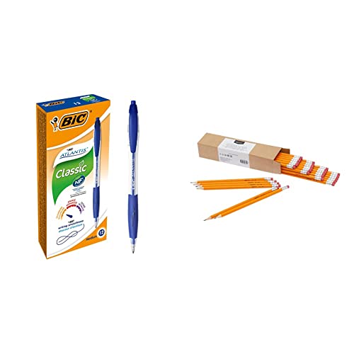BIC Kugelschreiber Set Atlantis Classic, in Blau, Strichstärke 0,4 mm, nachfüllbar, 12er Pack & Amazon Basics - Holzgefasste Bleistifte, HB, vorgespitzt, 30er-Pack von BIC