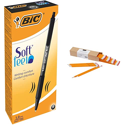 BIC Kugelschreiber Set Soft Feel Clic Grip, in Schwarz, Strichstärke 1.0 mm, 12er Pack & Amazon Basics - Holzgefasste Bleistifte, HB, vorgespitzt, 30er-Pack von BIC