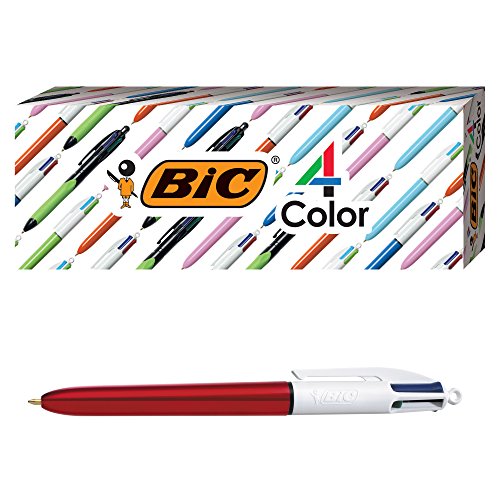 BIC Kugelschreiber in 4 Farben, roter Schaft, mittlere Spitze (1,0 mm), verschiedene Tinten, 3 Stück von BIC