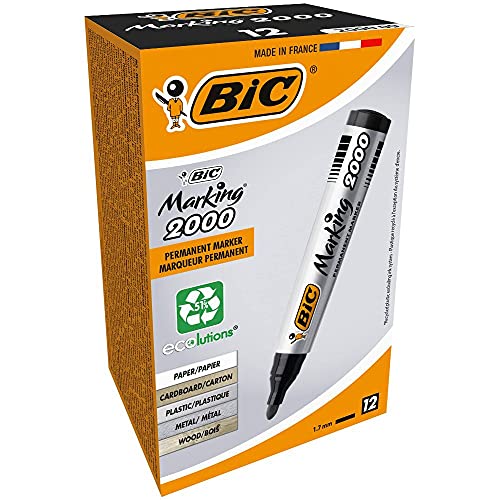 BIC Marking 2000 Permanent Marker, in Schwarz, Wasserfester Stift für Glas, Metall, Holz & Co, Strichstärke 1,7 mm, 12 Stück (1er Pack) von BIC