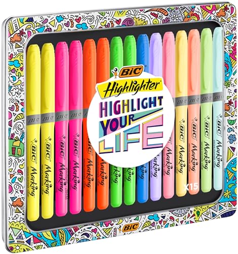 BIC Pastell Textmarker, Highlighter in 15 verschiedenen Farben und Pastelltönen, in Geschenkbox, mit Austrocknungsschutz von BIC