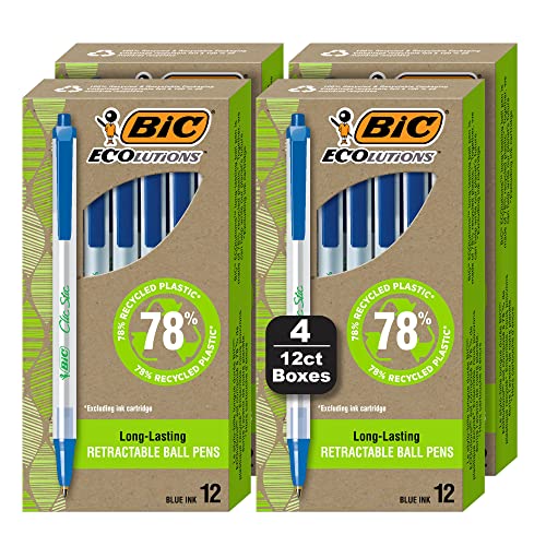 BIC ReVolution Clic Stic Retractable Ball Pen, 62% Recycled Plastic Pen, Blue, Medium Point (1.0 mm), 100% Recycled Packaging, 48 Count Pack von BIC