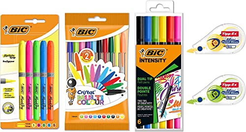 BIC Schreibwaren Set à 23: 10 Kugelschreiber, 5 Textmarker, 2 Korrekturroller, 6 Dual Tip Brush Pens, Colourful Set von BIC