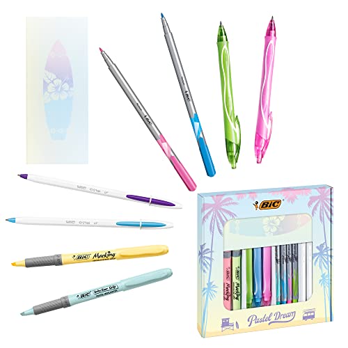 BIC Schreibwaren Set: 4 Kugelschreiber, 4 Fineliner pastell, 3 Tintenroller, 1 Notizblock & 4 Pastell Marker, Pastel Dream von BIC