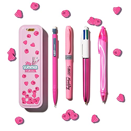 BIC Stifte Set in Metallbox: 1 Kugelschreiber, 1 Textmarker, 1 Tintenroller und 1 Druckbleistift, My Summer Collection Pink von BIC