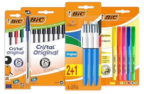 BIC Stifte Set: Kugelschreiber und Textmarker, 10x BIC Cristal Schwarz, 4x BIC Cristal bunt, 3x BIC 4 Colours und 5 Highlighter, Ideal für Büro und Home Office von BIC