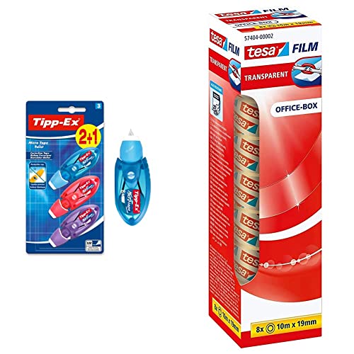 BIC Tipp-Ex Korrekturroller Micro Tape Twist, 8m x 5 mm, 3 Stück & tesafilm transparent - Transparentes Klebeband mit starker Haftung - alterungsbeständig und reißfest - 10 m x 19 mm - 8er Pack von BIC