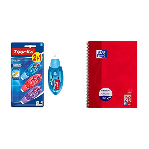 BIC Tipp-Ex Korrekturroller Micro Tape Twist mit Schutzkappe, in 3 Farben, 8m x 5 mm, Ideal für die Schule, 3 Stück & Oxford Collegeblock A4 kariert, mit Doppelrand, 80 Blatt, rot, 1 Stück von BIC