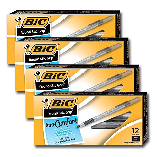 Bic Ultra Round Stic Grip Kugelschreiber, mittlere Spitze, 1,2 mm, schwarze Tinte (48 Stifte) von BIC