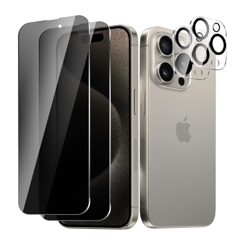 BIESHKJ 2+2 Stück, Sichtschutz schutzfolie für iPhone 15 Pro Max, 2 Stück Anti-Spy Panzer Schutz Glas + 2 Stück Kameraschutz, HD-Hartglasfolie, 9h-Härte, Kratzfest, Blasenfrei von BIESHKJ