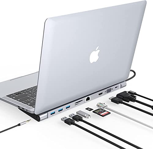 10 Ports USB C Dock, USB C Multiport Hub Triple Display Laptop Hub Stand, USB C Adapter (4K HDMI, VGA, PD 100W, Ethernet, SD/TF Card Slot, 3.5mm Audio, 3 USB Ports) für MacBook, Dell, HP, Lenovo von BIGBIG WON