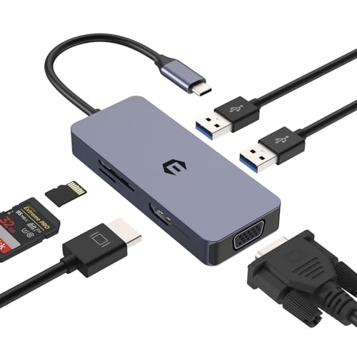 6 in 1 USB C Hub, USB C Adapter Docking, USB C Adapter HUB, USB 3.0 HUB, Dual Monitor Adapter mit 4K HDMI, VGA, 2 USB 3.0, SD/TF Kartenleser für Chrome OS, Linux Tablets von BIGBIG WON
