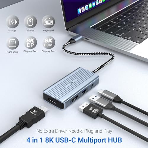 BIGBIG WON USB C Multiport, 4 Port USB C Hub LAN mit Zwei Displays 8K@30Hz HDMI, 8K@30Hz DP, 100W PD Ladeanschluss, USB 3.0, USB C Hub Kompatibel mit Projektoren von BIGBIG WON
