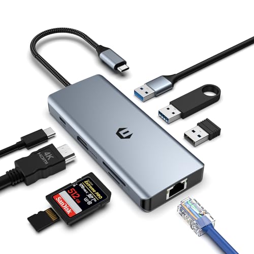 Multiport-USB-C-Adapter, 8-in-1-USB-3.0-HUB mit 4K-HDMI, 100 W PD, Gigabit-Ethernet, 2 USB 3.0, USB 2.0, SD/TF-Kartenleser, kompatibel mit Windows (Aluminium) von BIGBIG WON