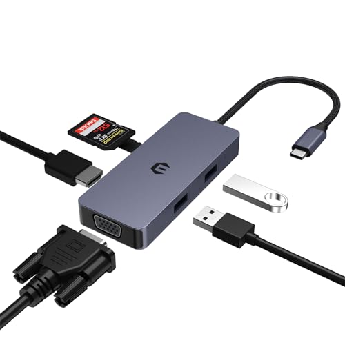 USB C Adapter, Multiport USB C Hub mit 6 in 1 Design – HDMI, VGA, USB A, USB 2.0, SD/TF Kartenleser – kompatibel mit Mac, Windows und iOS System Laptops von BIGBIG WON