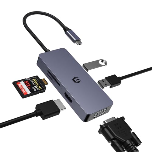 USB C Adapter, USB C HUB, Multifunktions Docking Station, 6 in 1 USB C Hub mit HDMI, VGA, USB A, USB 2.0, SD/TF Kartenleser, kompatibel mit Mac, Windows und iOS System Laptops von BIGBIG WON