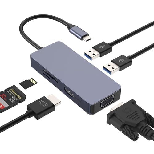 USB C Adapter Docking, USB C Adapter HUB, USB 3.0 HUB, Dual Monitor USB C HUB, 6 in 1 Adapter mit VGA, HDMI, 2 USB 3.0, SD/TF Kartenleser für Tablets, Windows Systeme von BIGBIG WON