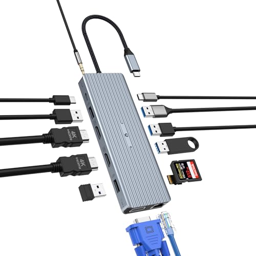 USB C Dockingstation, 14 in 1 Multiport USB C Adapter mit Dual 4K HDMI, VGA, USB A 3.1, USB C 3.1, 4 USB A 2.0, Gigabit Ethernet, SD&TF, 100 W PD und 3,5 mm Klinke, kompatibel mit USB C Gerätetypen von BIGBIG WON