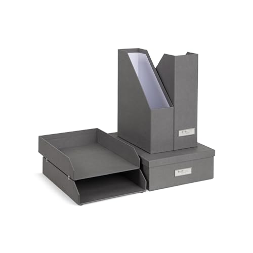 Bigso Box of Sweden HOLGER 5-teiliges Schreibtisch Set – Ordnungssystem mit 2 Stehsammlern, 2 Briefablagen und einer Box – Organizer aus Faserplatte und Papier – grau von BIGSO BOX OF SWEDEN