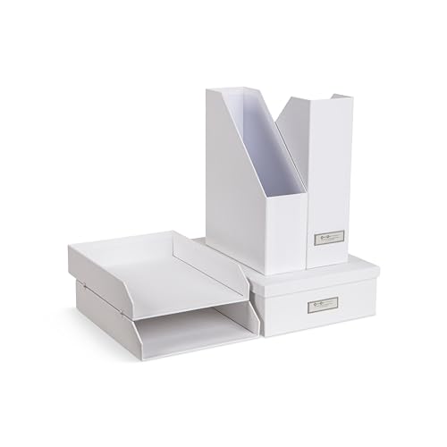 Bigso Box of Sweden HOLGER 5-teiliges Schreibtisch Set – Ordnungssystem mit 2 Stehsammlern, 2 Briefablagen und einer Box – Organizer aus Faserplatte und Papier – weiß von BIGSO BOX OF SWEDEN