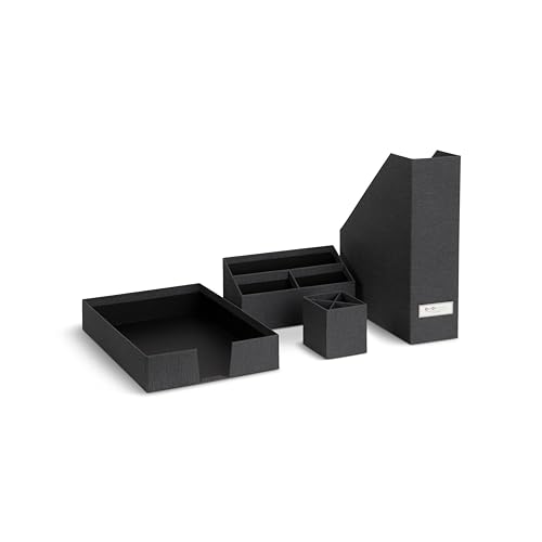 Bigso Box of Sweden HUGO 4-teiliges Schreibtisch Set mit 1 Stehsammler, 1 Stifthalter, 1 Sortierkasten und 1 Box ohne Deckel – Ordnungssystem aus Faserplatte und Papier in Leinenoptik – schwarz von BIGSO BOX OF SWEDEN