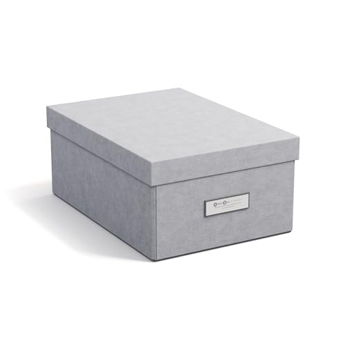 Bigso Box of Sweden KARIN kleine Aufbewahrungsbox mit Deckel – stabiler Organizer aus Faserplatte und Papier in Leinenoptik – praktische Faltbox mit Etikettenrahmen für extra Stauraum – hellgrau von BIGSO BOX OF SWEDEN