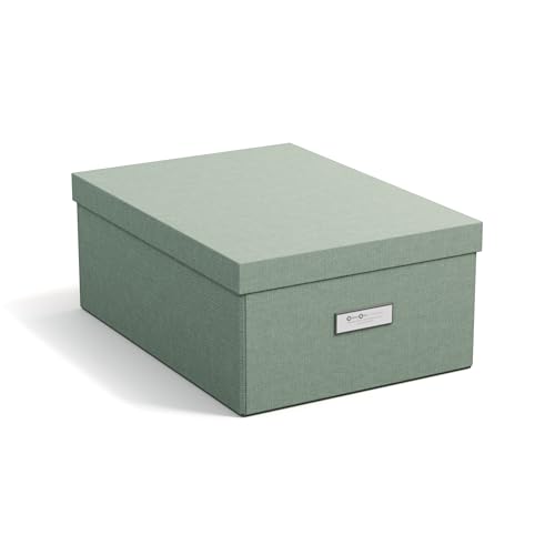 Bigso Box of Sweden KATIA mittelgroße Aufbewahrungsbox mit Deckel – stabiler Organizer aus Faserplatte und Papier in Leinenoptik – praktische Faltbox mit Etikettenrahmen – mintgrün von BIGSO BOX OF SWEDEN