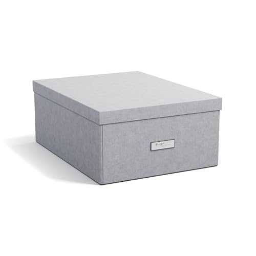 Bigso Box of Sweden KATRIN große Aufbewahrungsbox mit Deckel – stabiler Organizer aus Faserplatte und Papier in Leinenoptik – praktische Faltbox mit Etikettenrahmen – hellgrau von BIGSO BOX OF SWEDEN