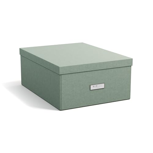 Bigso Box of Sweden KATRIN große Aufbewahrungsbox mit Deckel – stabiler Organizer aus Faserplatte und Papier in Leinenoptik – praktische Faltbox mit Etikettenrahmen – mintgrün von BIGSO BOX OF SWEDEN