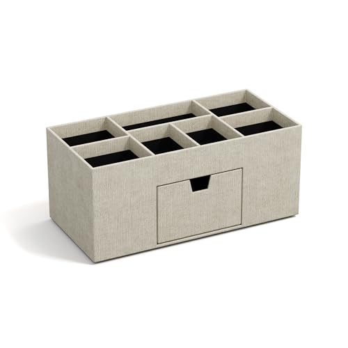 Bigso Box of Sweden VENDELA Schreibtisch Organizer mit 7 Fächern und Schublade – Ablagebox aus Faserplatte und Papier in Leinenoptik – Schreibtischset für Büromaterial – beige von BIGSO BOX OF SWEDEN