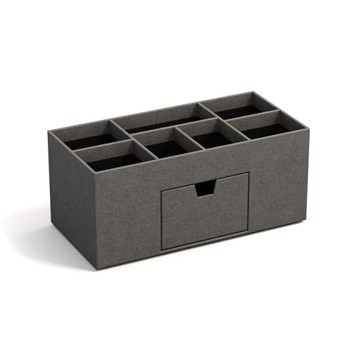 Bigso Box of Sweden VENDELA Schreibtisch Organizer mit 7 Fächern und Schublade – Ablagebox aus Faserplatte und Papier in Leinenoptik – Schreibtischset für Büromaterial – grau von BIGSO BOX OF SWEDEN